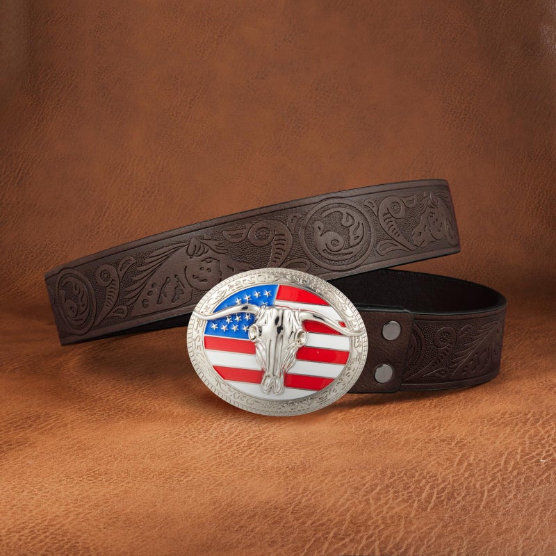 YOQUCOL QUKE American Western Cowboy USA Flag Rodeo Long Horn Bull Belt Buckle - Image 5